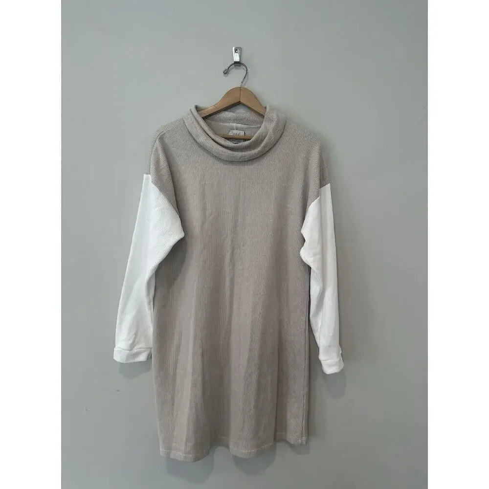 NWT Mavi Beige and White Color-Block Tunic Turtleneck Sweater Dress Size Medium